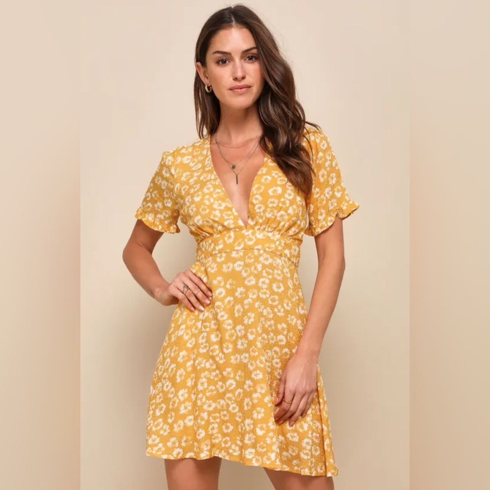 Lulus Garden Explorer Mustard Yellow Floral Print Mini Dress size Large - Picture 2 of 5